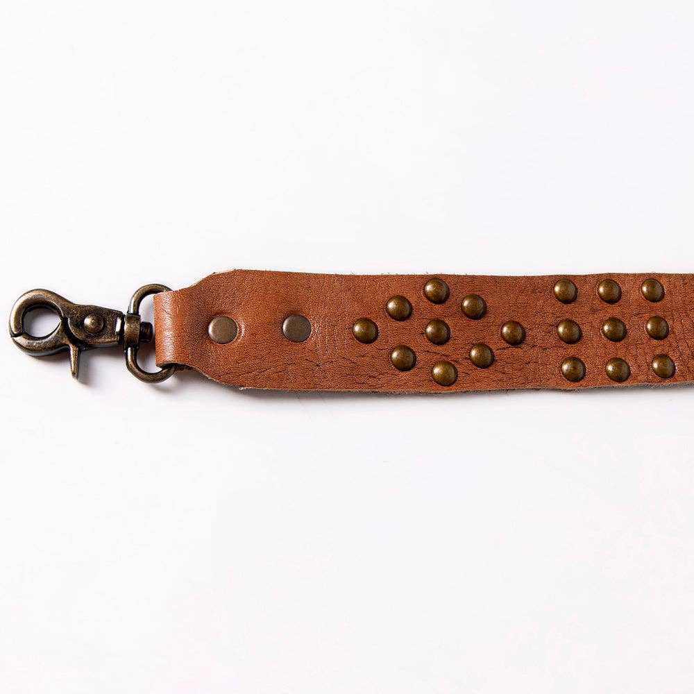Distressed Leather Bag Strap with Antique Brass Studs