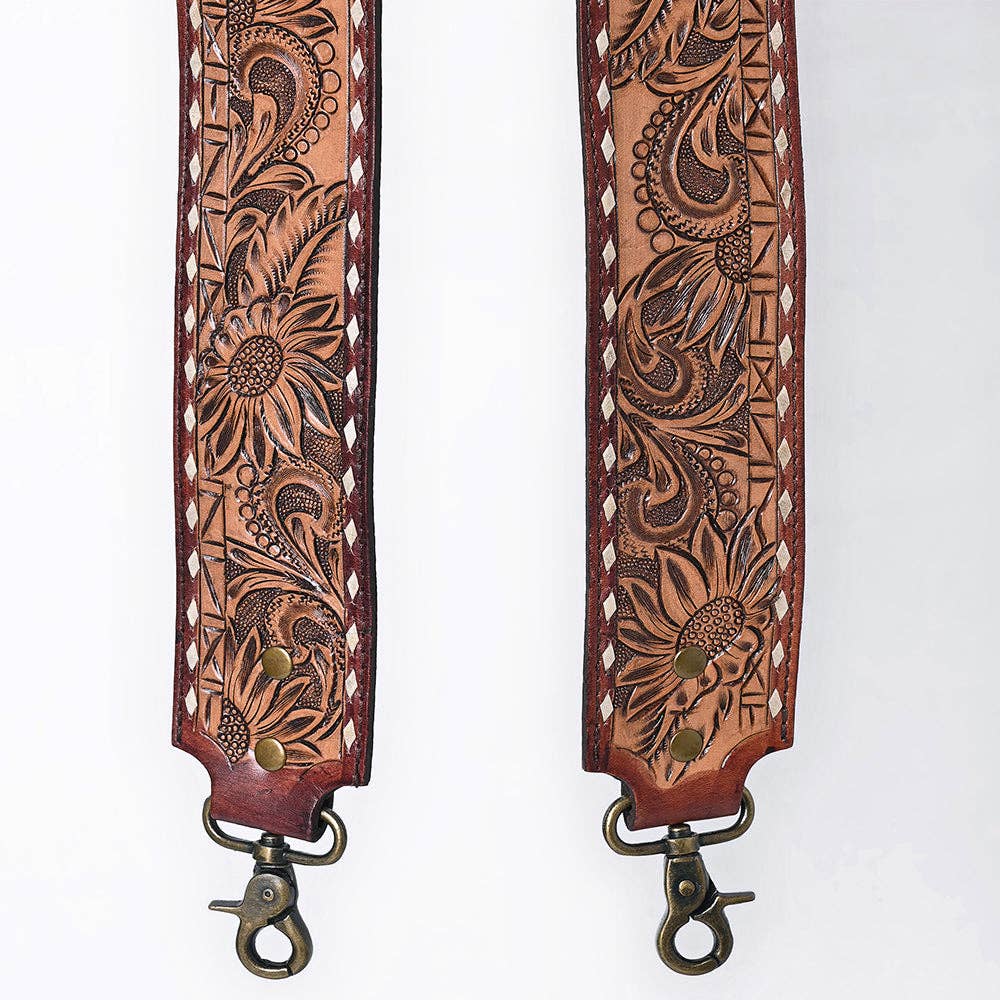 Wide Hand-Tooled Leather Bag Strap with Whipstitch Edges - Western Floral Carved Replacement