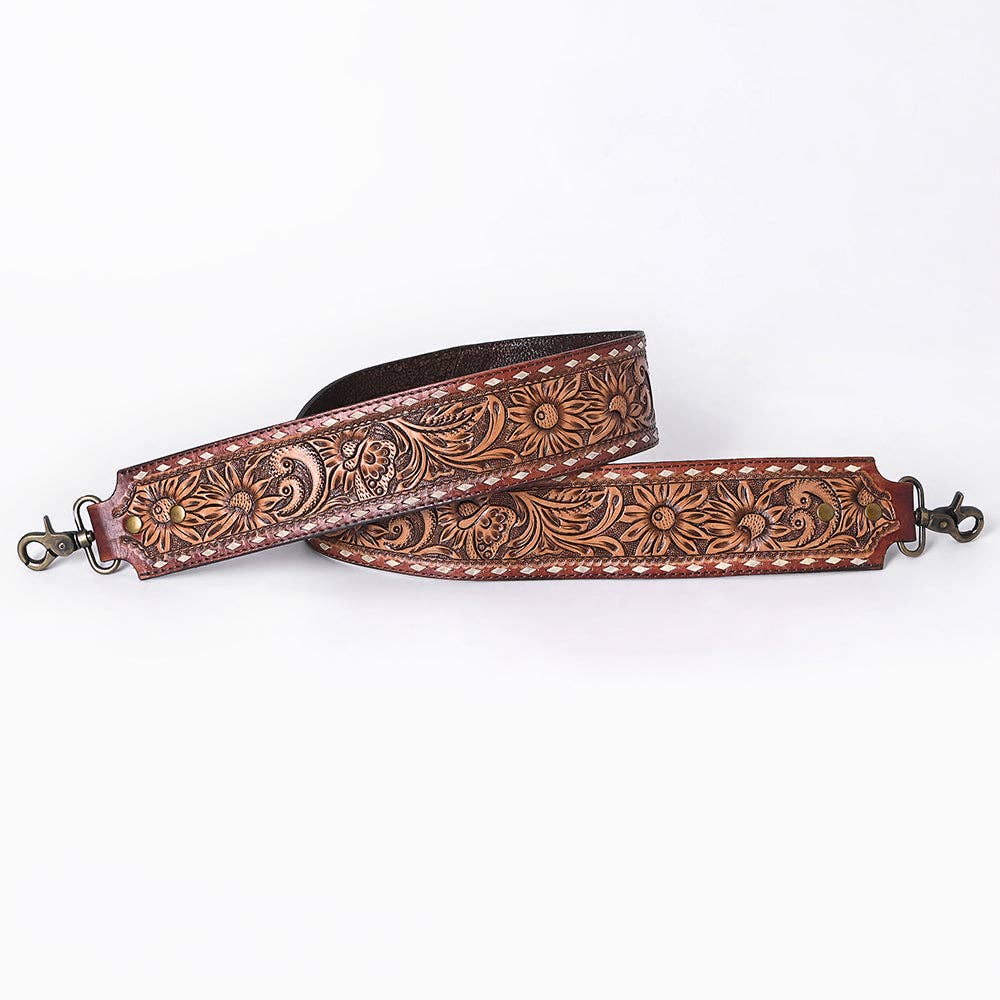 Wide Hand-Tooled Leather Bag Strap with Whipstitch Edges - Western Floral Carved Replacement