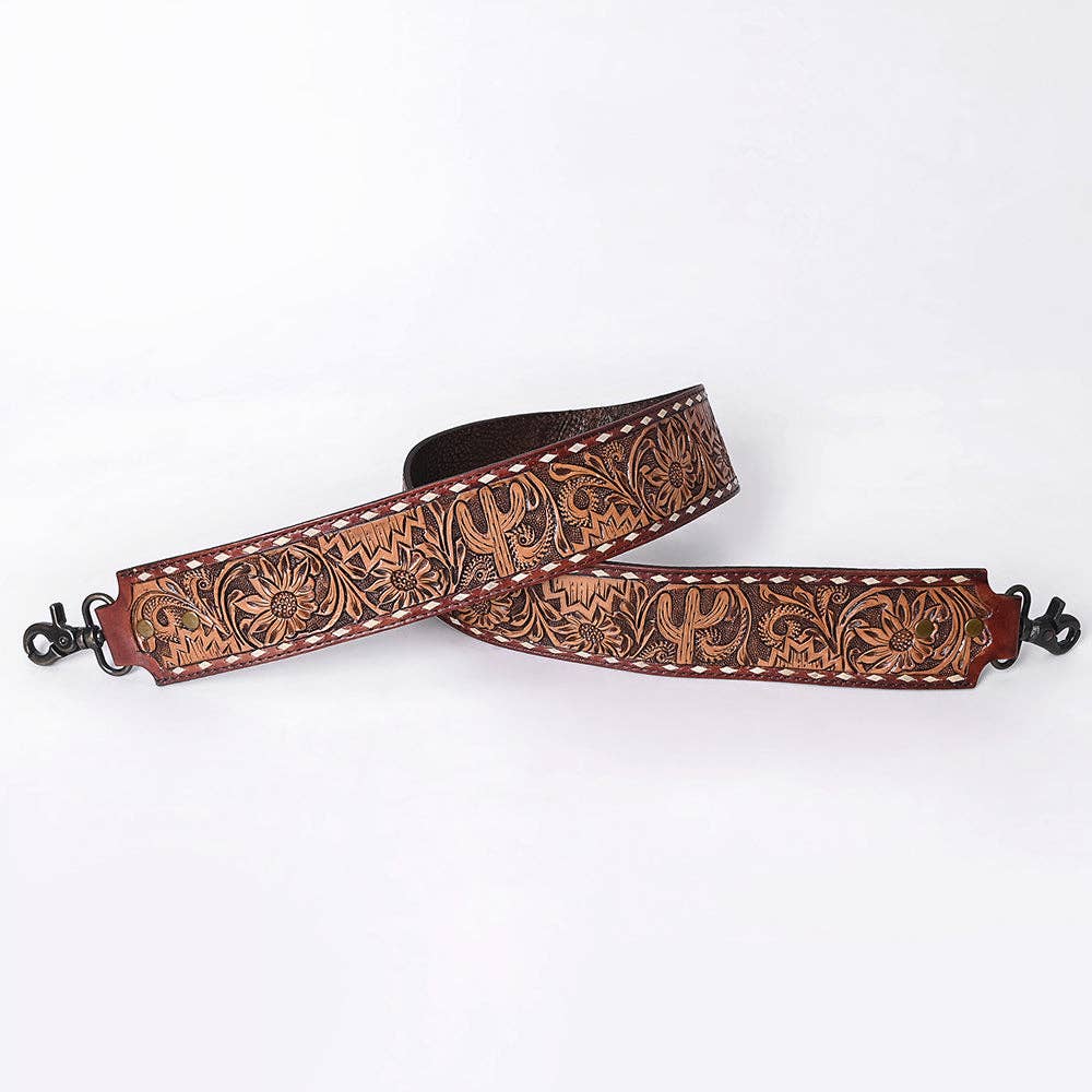 Wide Hand-Tooled Leather Bag Strap with Whipstitch Edges - Western Floral Carved Replacement