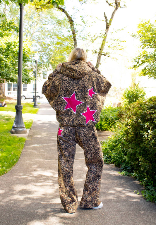 Leopard Sweatpants With Embroidery Pink Stars   : Medium