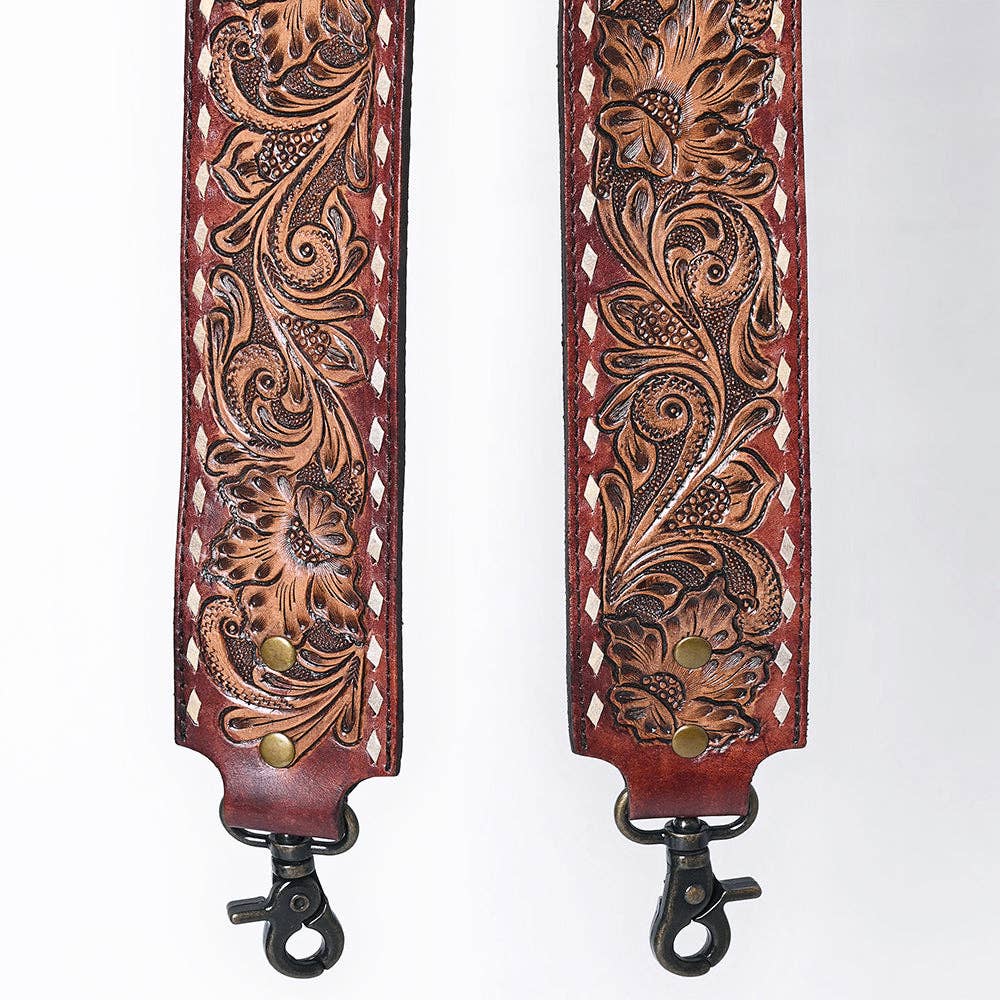Wide Hand-Tooled Leather Bag Strap with Whipstitch Edges - Western Floral Carved Replacement