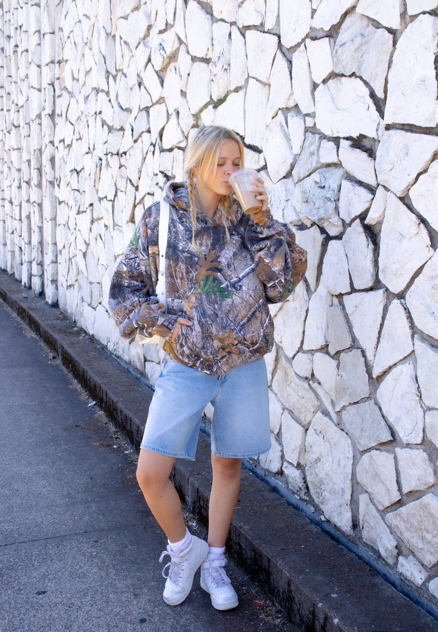 Camo Hoodie With Embroidery Pink Stars  : Large
