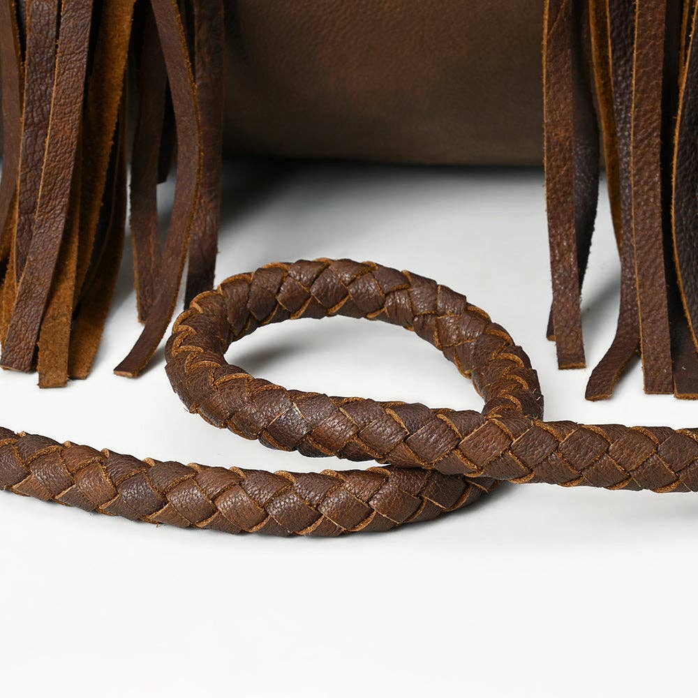Western Barrel Duffel Bag in Brown Leather with Turquoise Concho & Fringe - Handmade Travel Tote