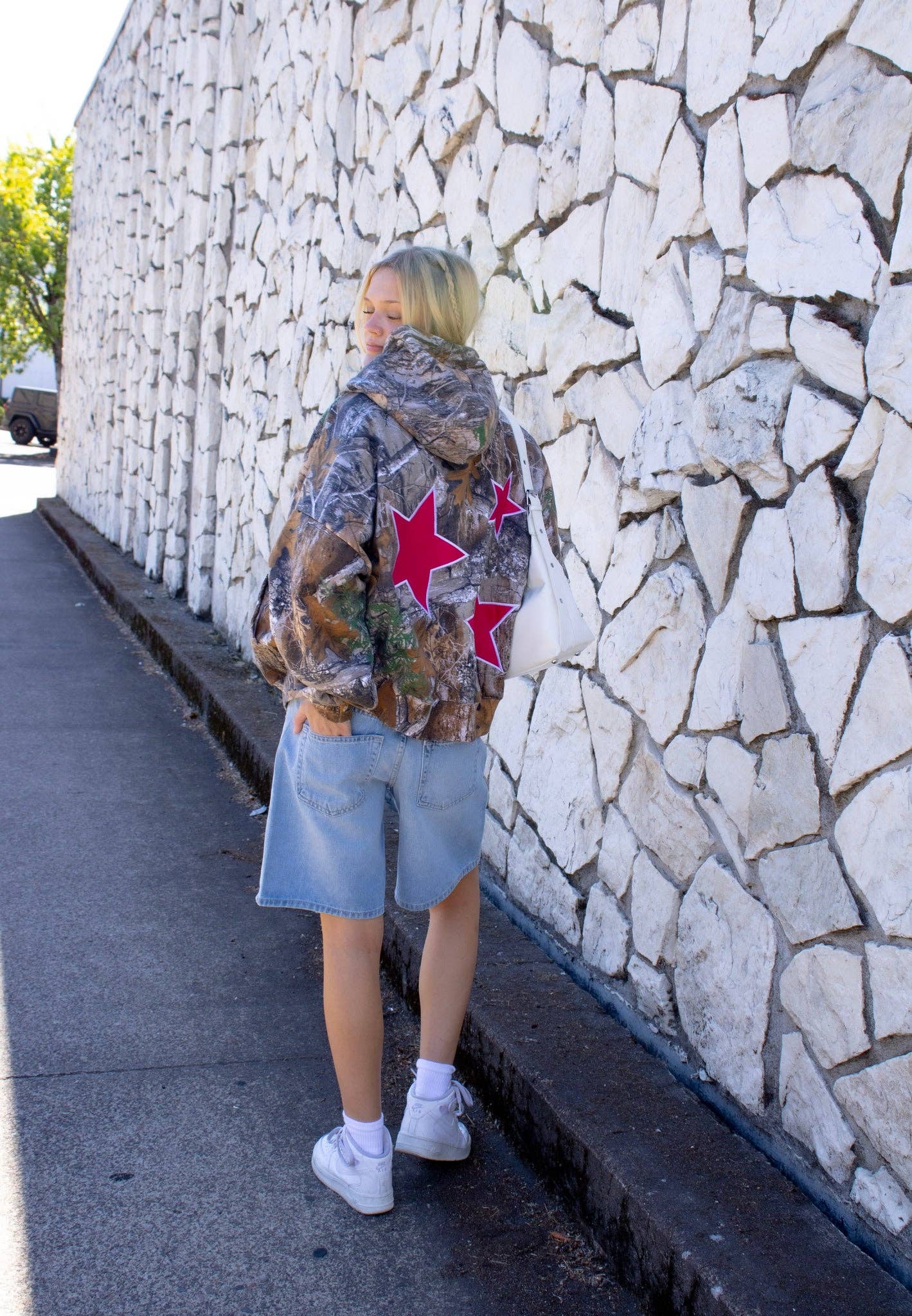 Camo Hoodie With Embroidery Pink Stars  : Large