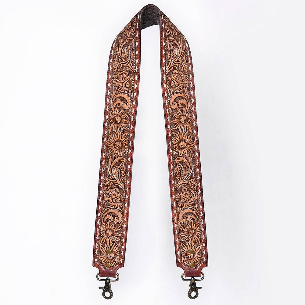 Wide Hand-Tooled Leather Bag Strap with Whipstitch Edges - Western Floral Carved Replacement