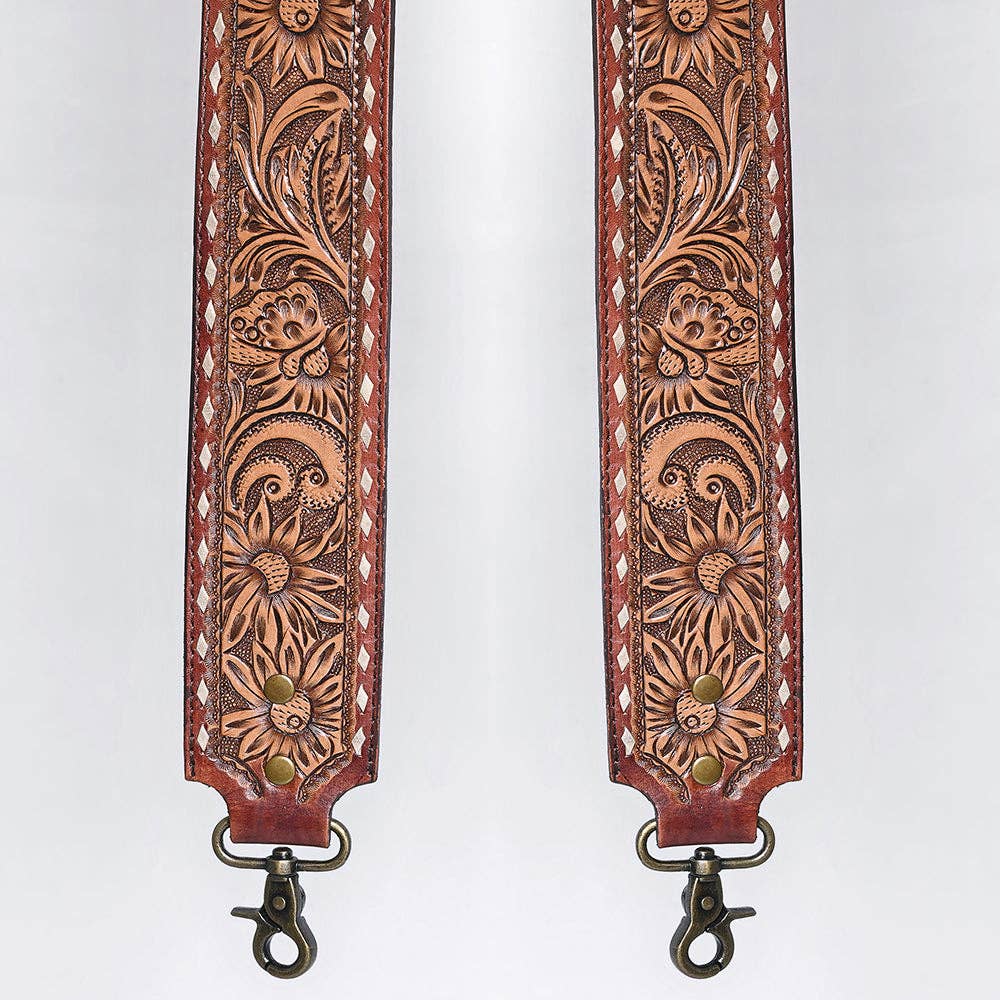Wide Hand-Tooled Leather Bag Strap with Whipstitch Edges - Western Floral Carved Replacement
