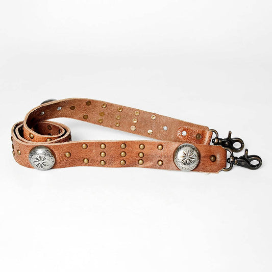 Western Leather Bag Strap with Silver Conchos & Brass Studs