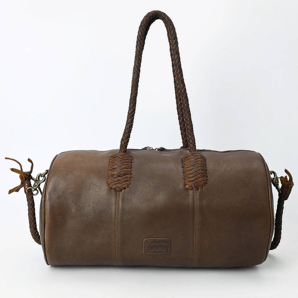 Western Barrel Duffel Bag in Brown Leather with Turquoise Concho & Fringe - Handmade Travel Tote