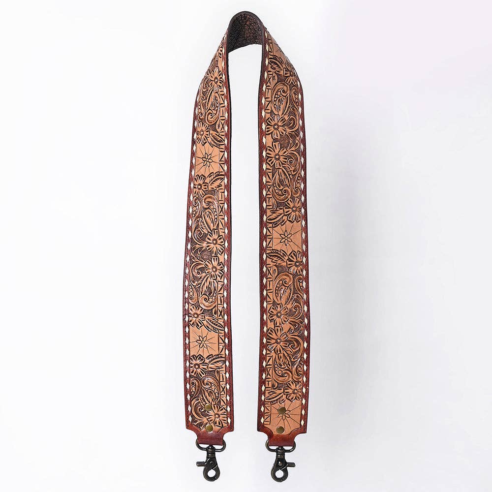 Wide Hand-Tooled Leather Bag Strap with Whipstitch Edges - Western Floral Carved Replacement