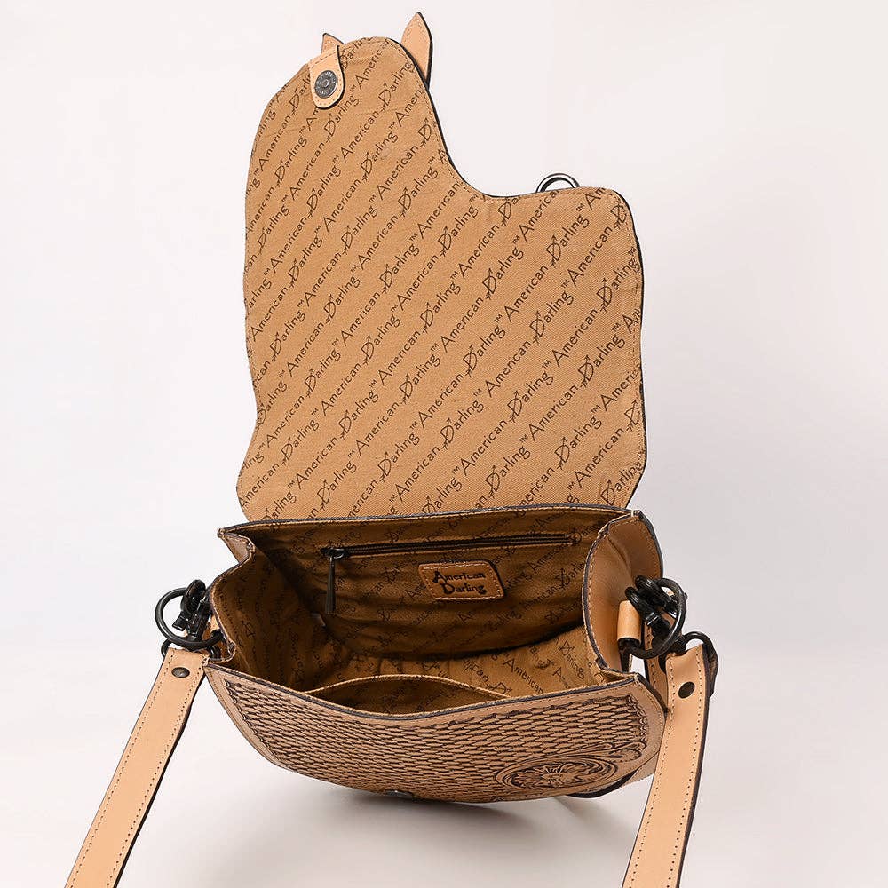 Western Saddle bag Crossbody - Hand-Tooled Leather Buckle Flap Bag in Natural Tan