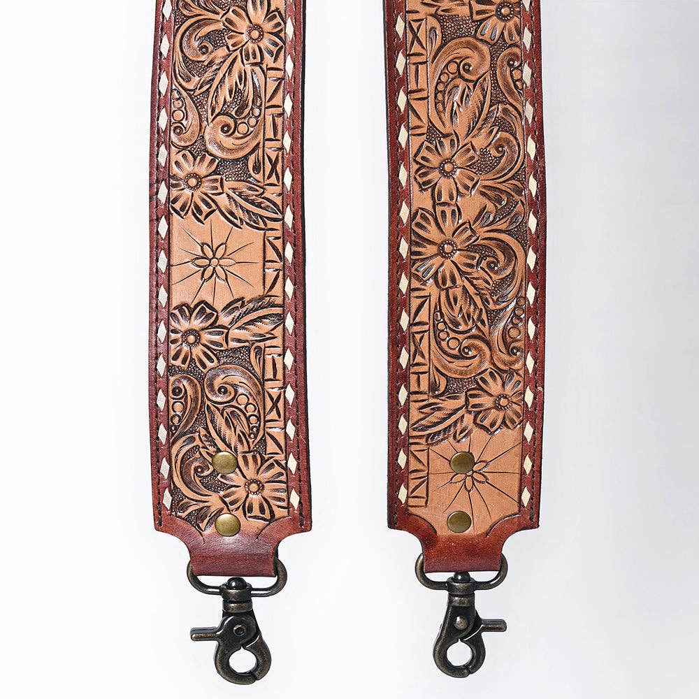 Wide Hand-Tooled Leather Bag Strap with Whipstitch Edges - Western Floral Carved Replacement