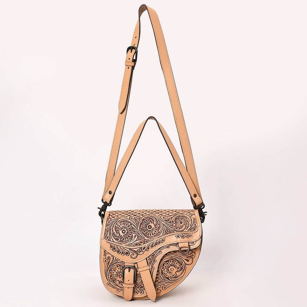 Western Saddle bag Crossbody - Hand-Tooled Leather Buckle Flap Bag in Natural Tan