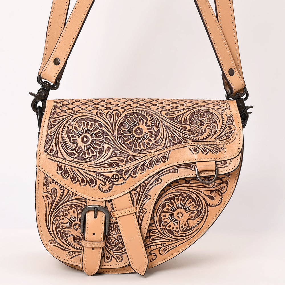 Western Saddle bag Crossbody - Hand-Tooled Leather Buckle Flap Bag in Natural Tan