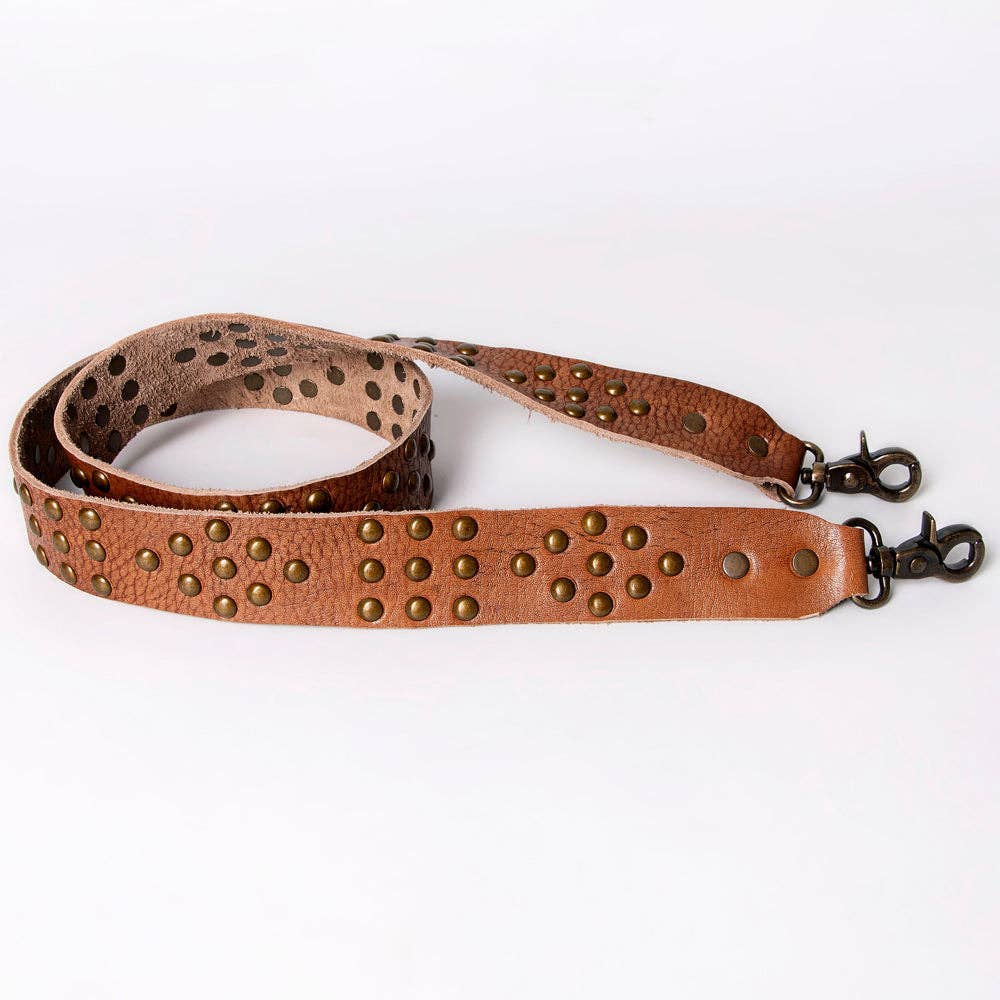 Distressed Leather Bag Strap with Antique Brass Studs