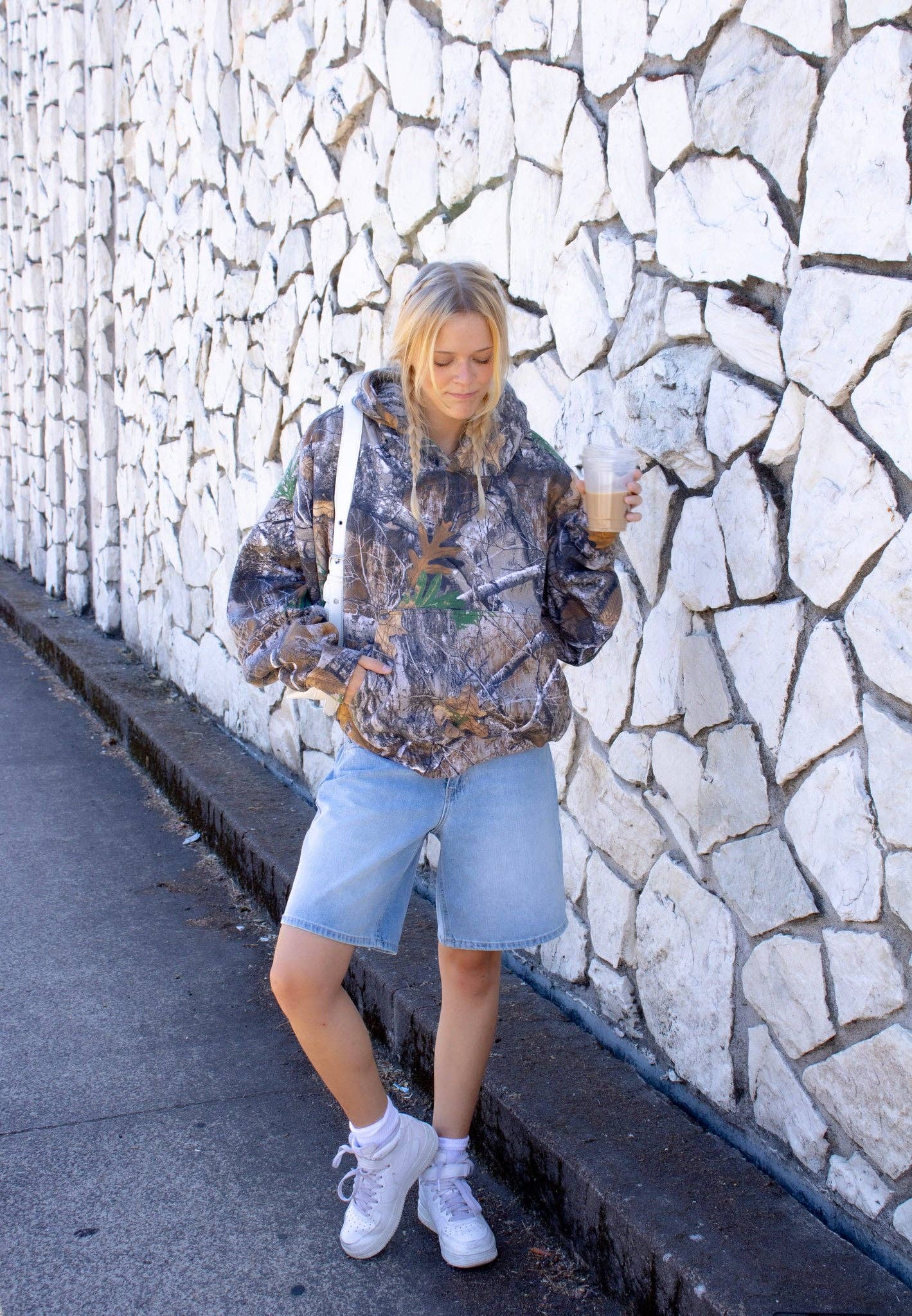 Camo Hoodie With Embroidery Pink Stars  : Large