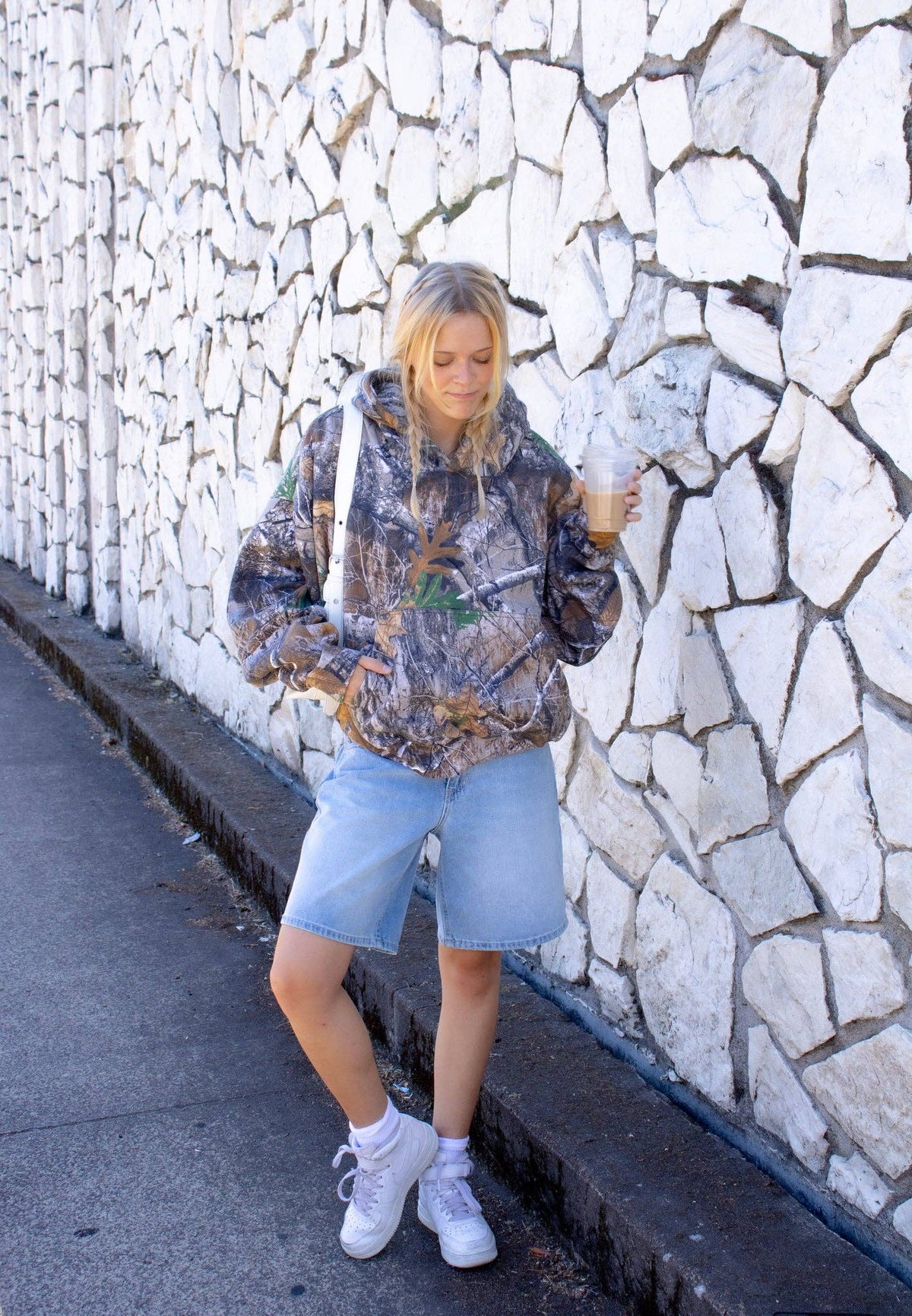 Camo Hoodie With Embroidery Pink Stars  : Medium