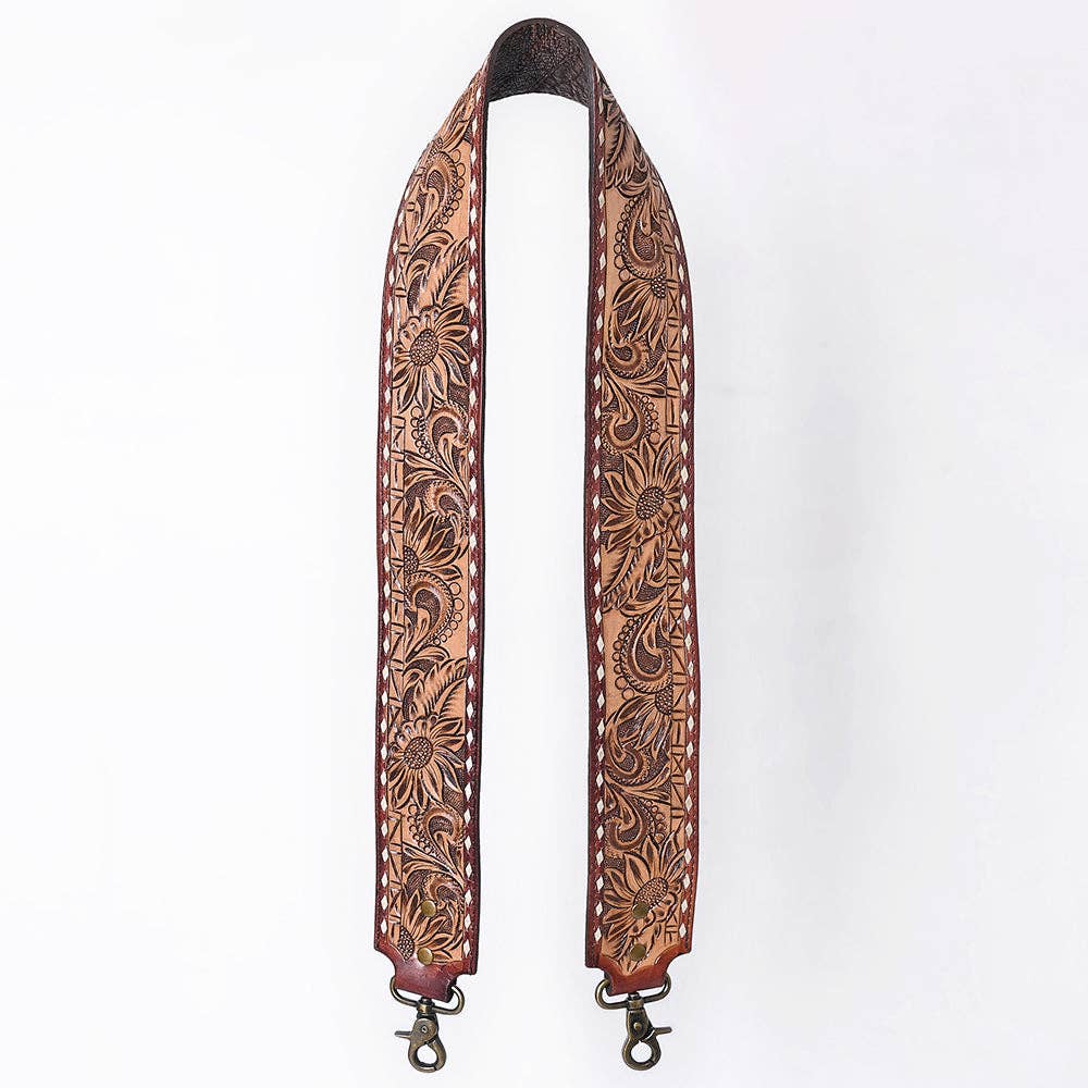 Wide Hand-Tooled Leather Bag Strap with Whipstitch Edges - Western Floral Carved Replacement