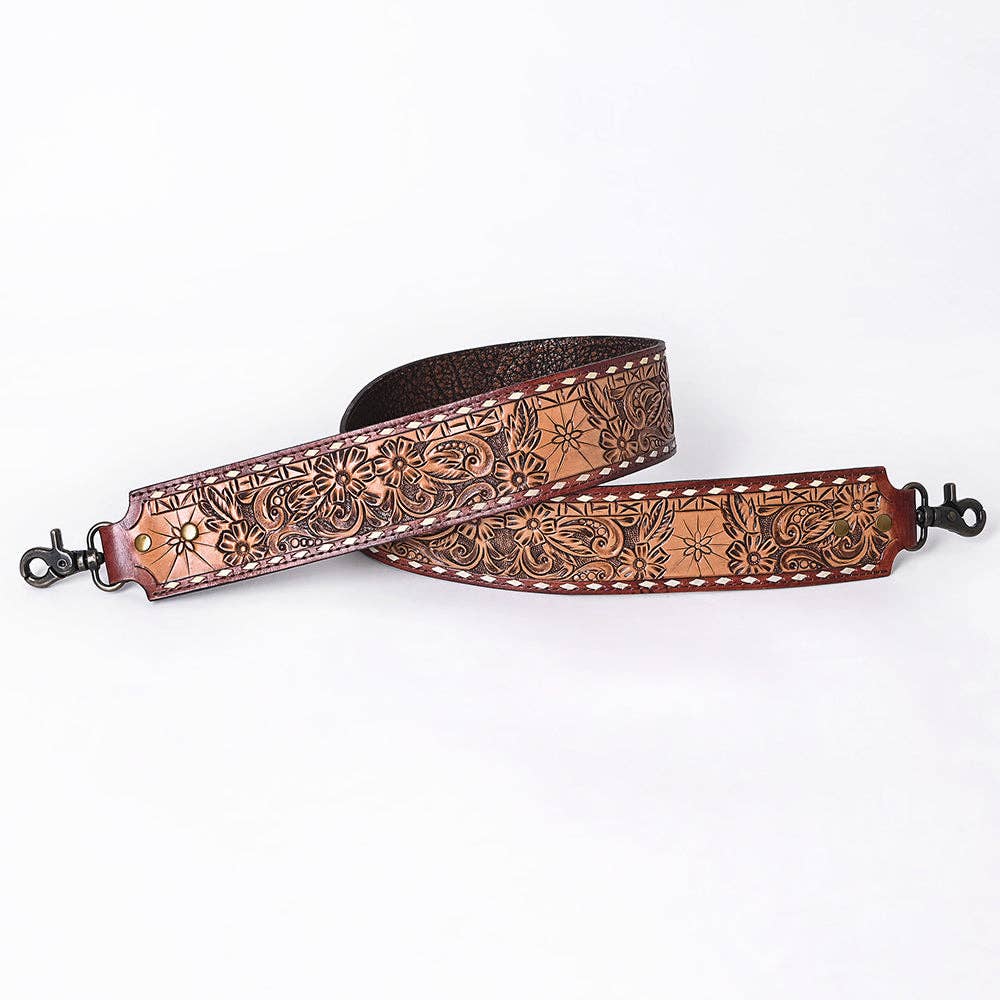 Wide Hand-Tooled Leather Bag Strap with Whipstitch Edges - Western Floral Carved Replacement