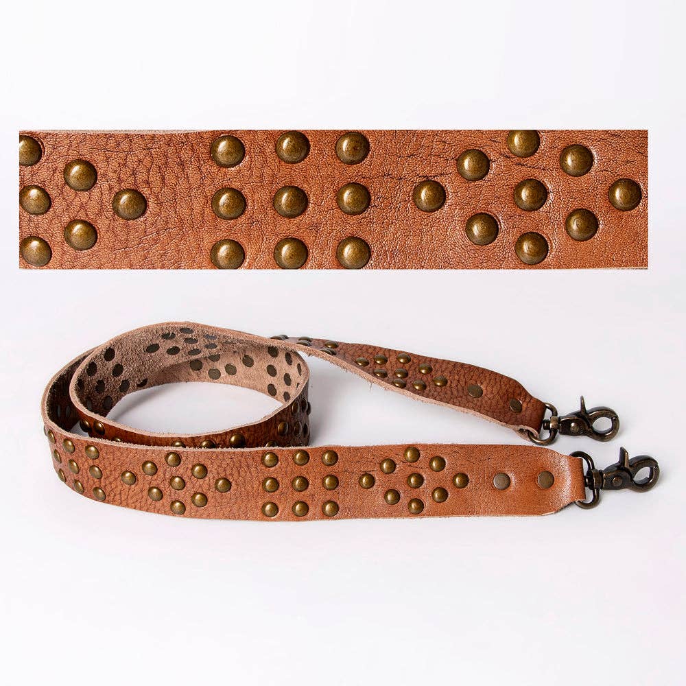 Distressed Leather Bag Strap with Antique Brass Studs