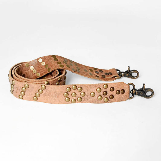 Distressed Leather Bag Strap with Antique Brass Studs