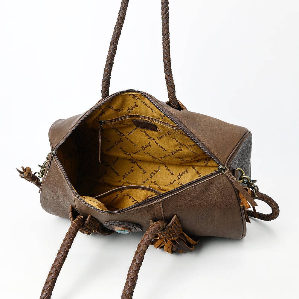 Western Barrel Duffel Bag in Brown Leather with Turquoise Concho & Fringe - Handmade Travel Tote