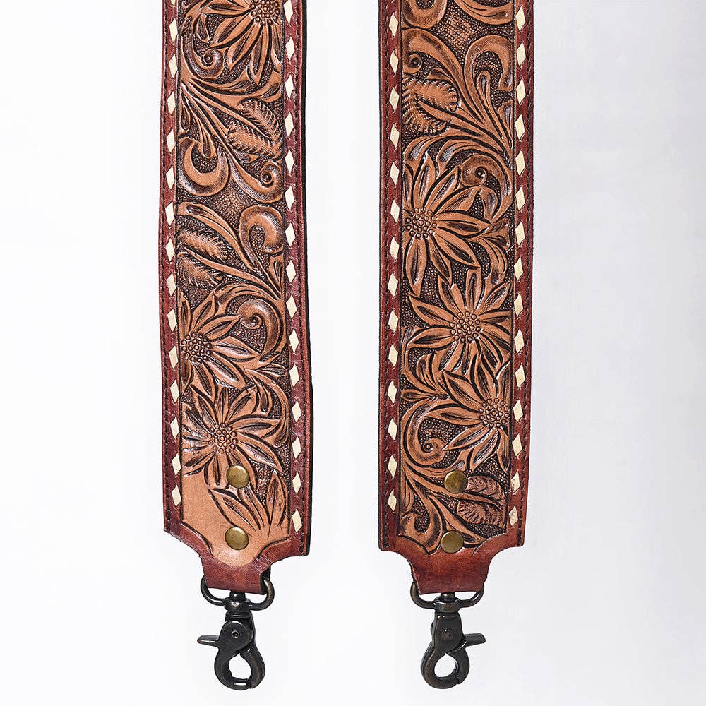 Wide Hand-Tooled Leather Bag Strap with Whipstitch Edges - Western Floral Carved Replacement