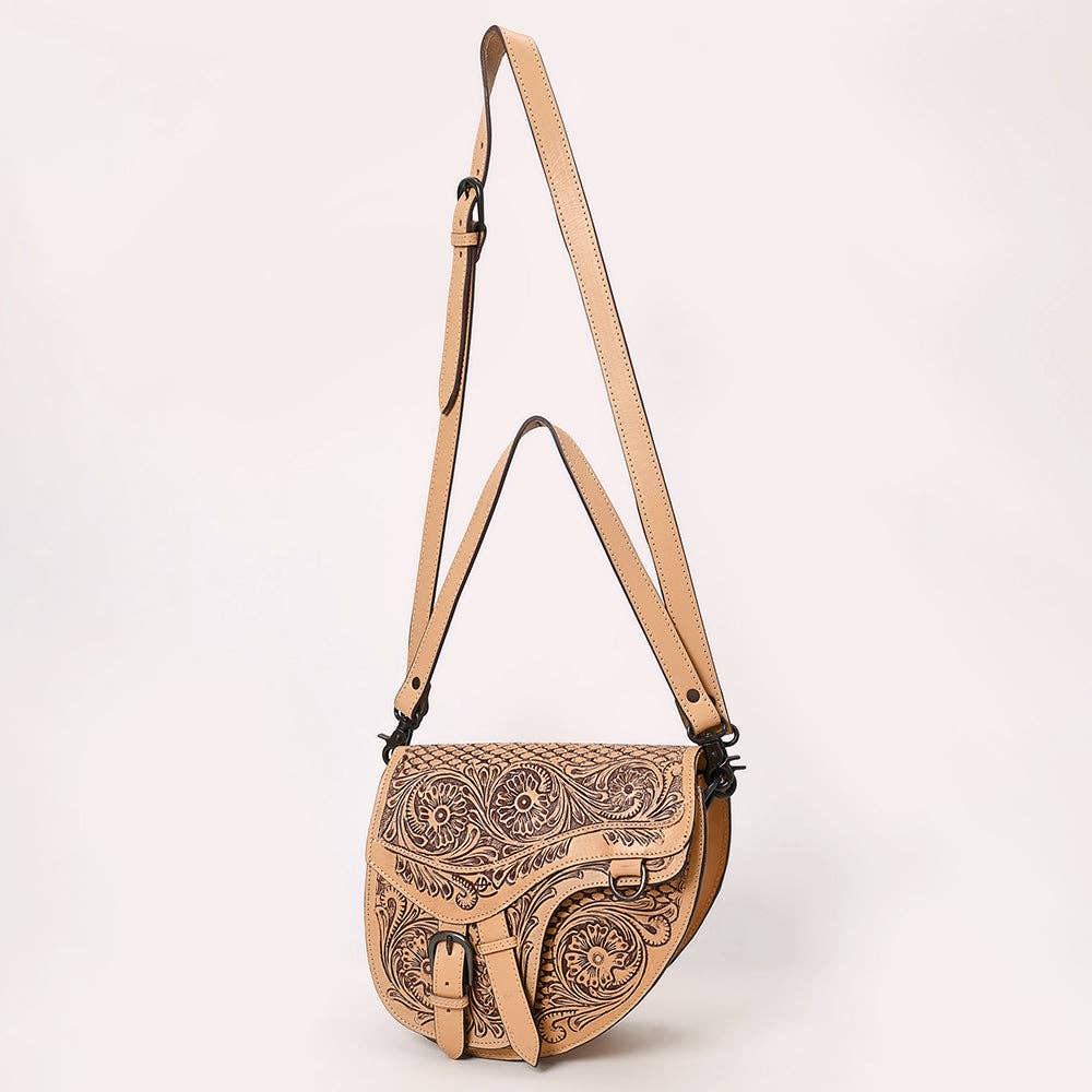 Western Saddle bag Crossbody - Hand-Tooled Leather Buckle Flap Bag in Natural Tan