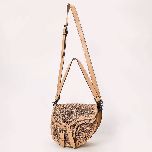 Western Saddle bag Crossbody - Hand-Tooled Leather Buckle Flap Bag in Natural Tan