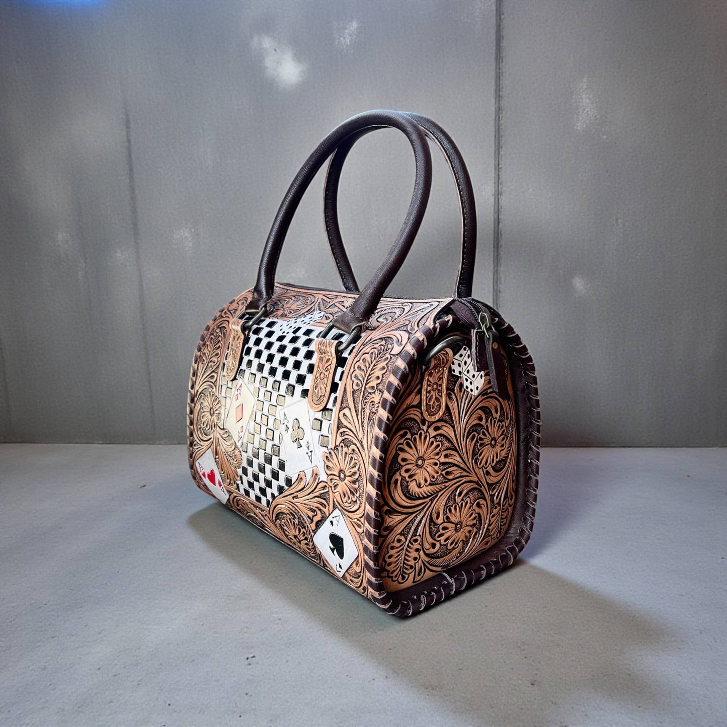 Cards checker tooled leather speedy bag Purse : Large