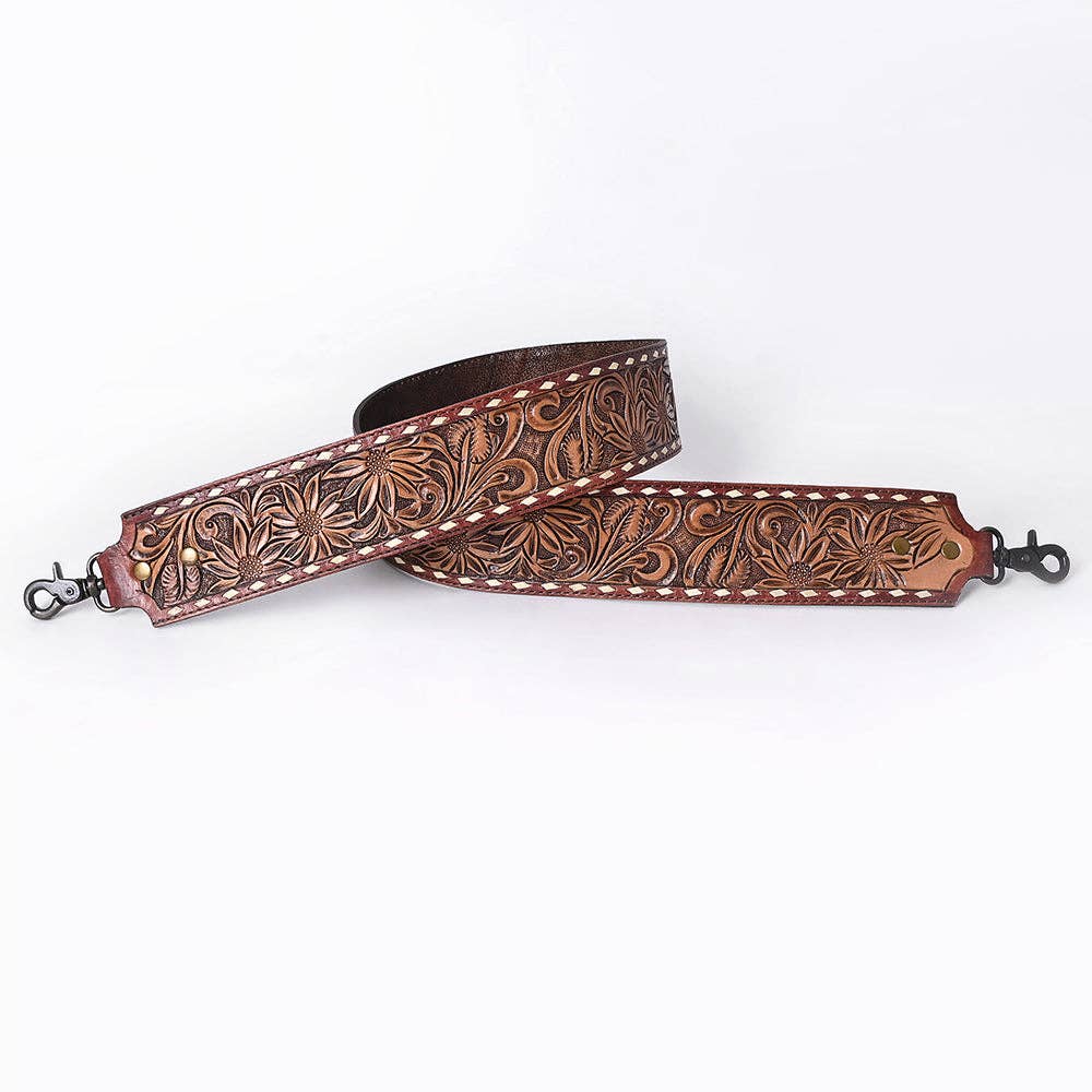 Wide Hand-Tooled Leather Bag Strap with Whipstitch Edges - Western Floral Carved Replacement