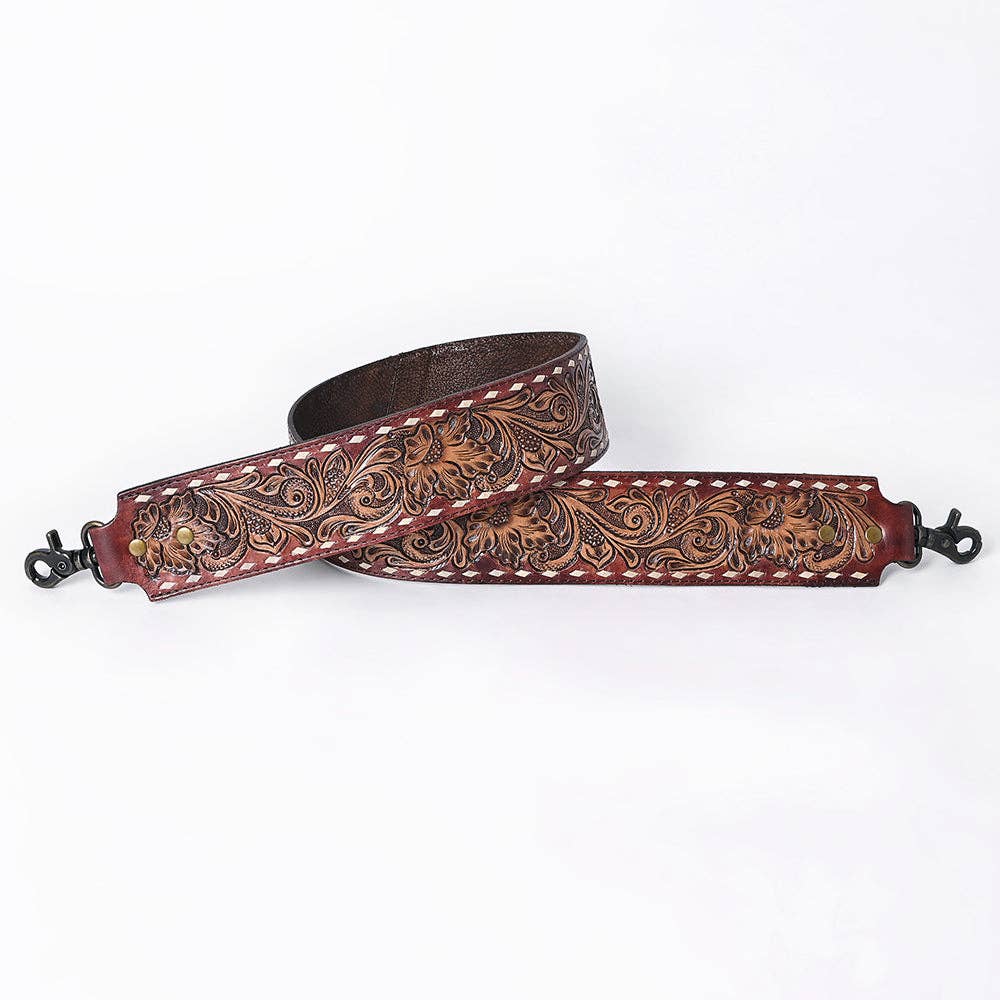 Wide Hand-Tooled Leather Bag Strap with Whipstitch Edges - Western Floral Carved Replacement