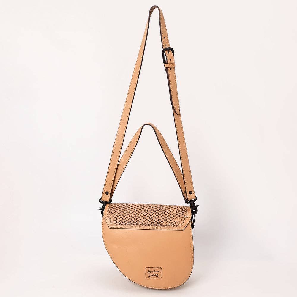 Western Saddle bag Crossbody - Hand-Tooled Leather Buckle Flap Bag in Natural Tan