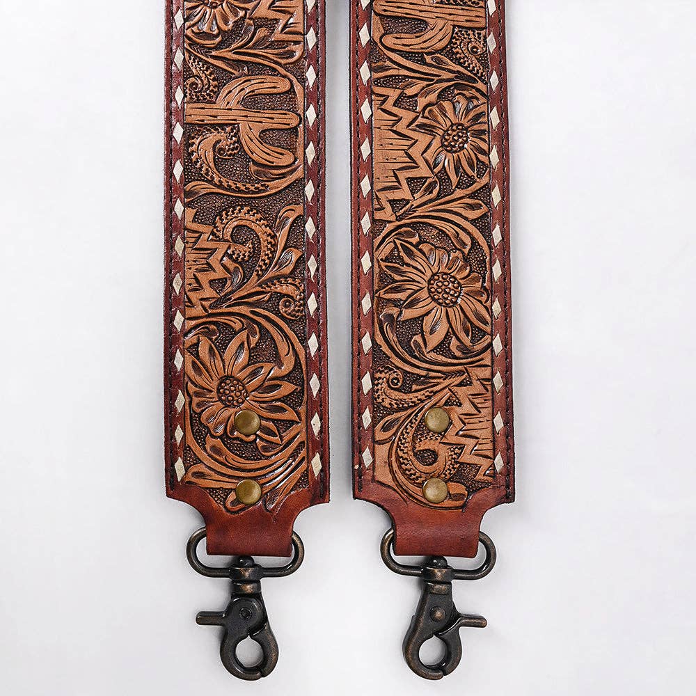 Wide Hand-Tooled Leather Bag Strap with Whipstitch Edges - Western Floral Carved Replacement