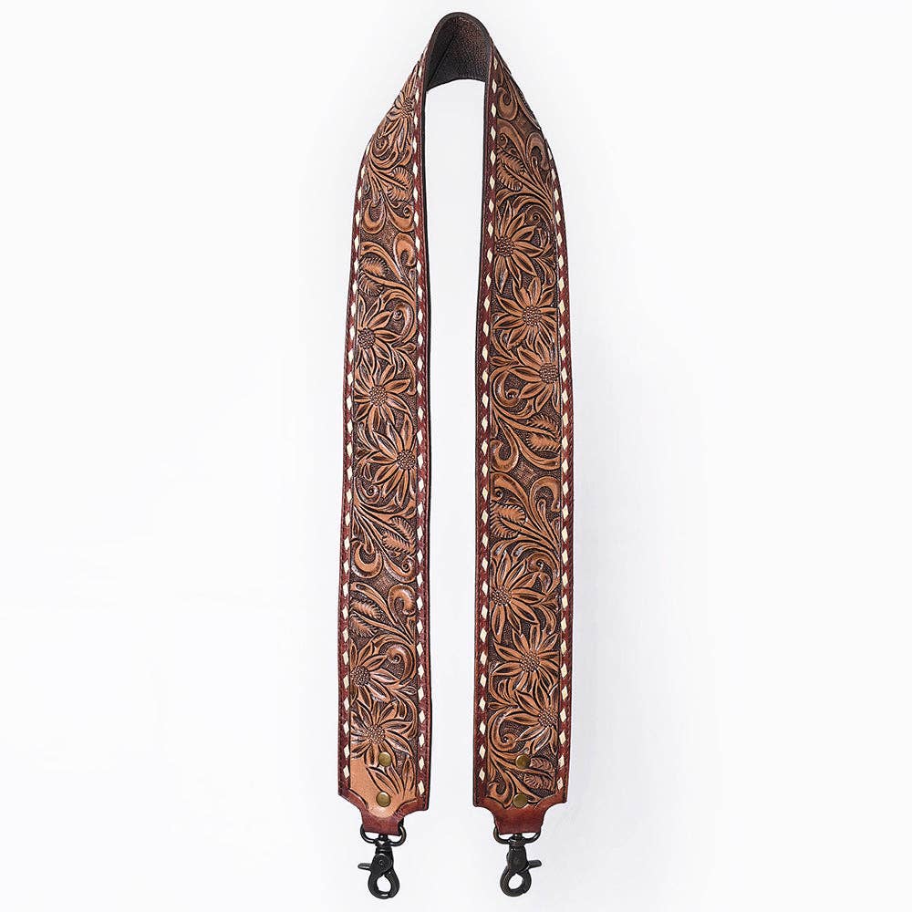 Wide Hand-Tooled Leather Bag Strap with Whipstitch Edges - Western Floral Carved Replacement