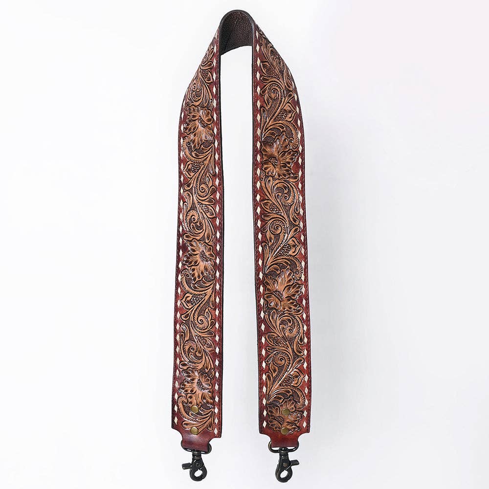 Wide Hand-Tooled Leather Bag Strap with Whipstitch Edges - Western Floral Carved Replacement
