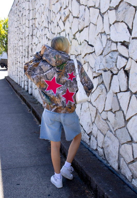 Camo Hoodie With Embroidery Pink Stars  : Large