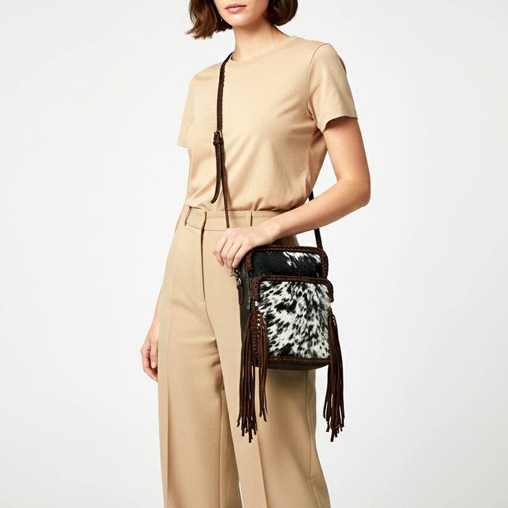 Hair-On Cowhide Fringe Crossbody Bag - Dual Pocket Mini Western Leather Purse
