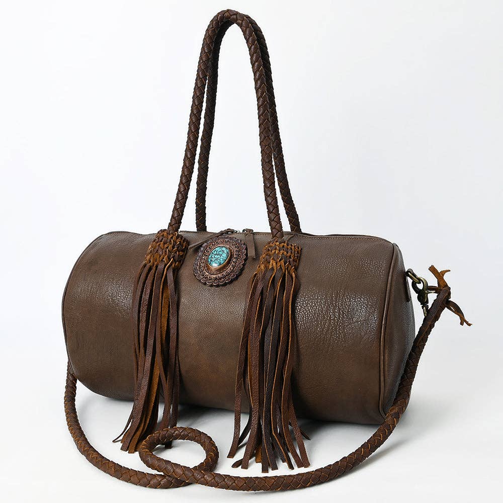 Western Barrel Duffel Bag in Brown Leather with Turquoise Concho & Fringe - Handmade Travel Tote