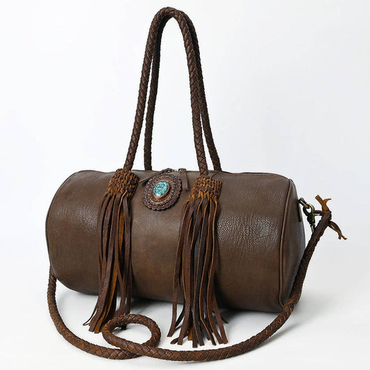 Western Barrel Duffel Bag in Brown Leather with Turquoise Concho & Fringe - Handmade Travel Tote