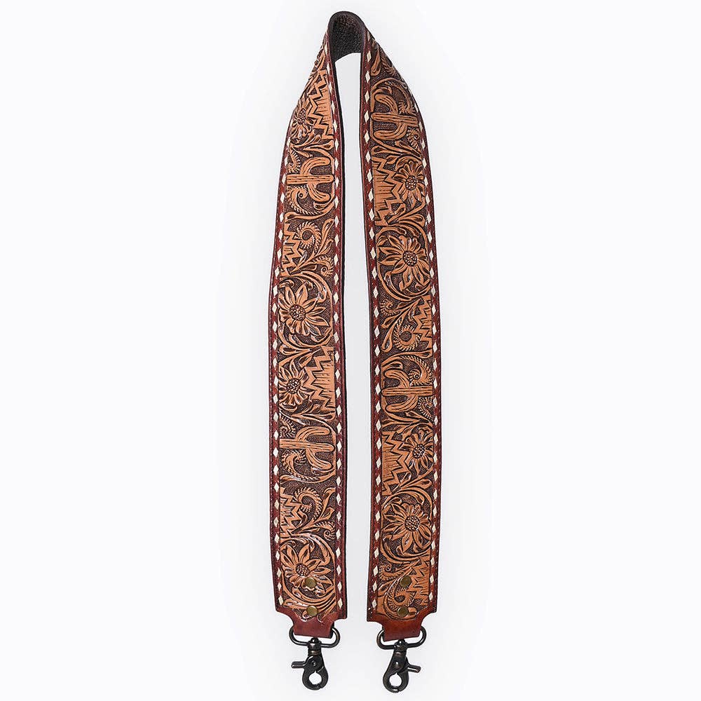 Wide Hand-Tooled Leather Bag Strap with Whipstitch Edges - Western Floral Carved Replacement