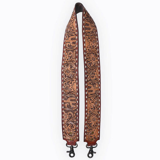 Wide Hand-Tooled Leather Bag Strap with Whipstitch Edges - Western Floral Carved Replacement