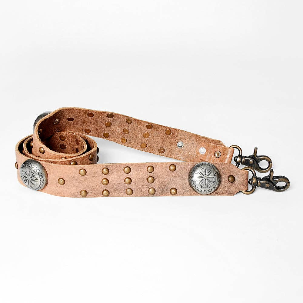 Western Leather Bag Strap with Silver Conchos & Brass Studs