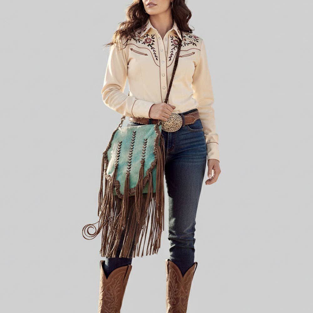 ADBGM598 Turquoise & Brown Genuine Leather Fringe Messenger Bag with Braided Detail