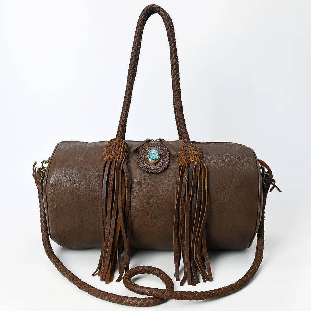 Western Barrel Duffel Bag in Brown Leather with Turquoise Concho & Fringe - Handmade Travel Tote