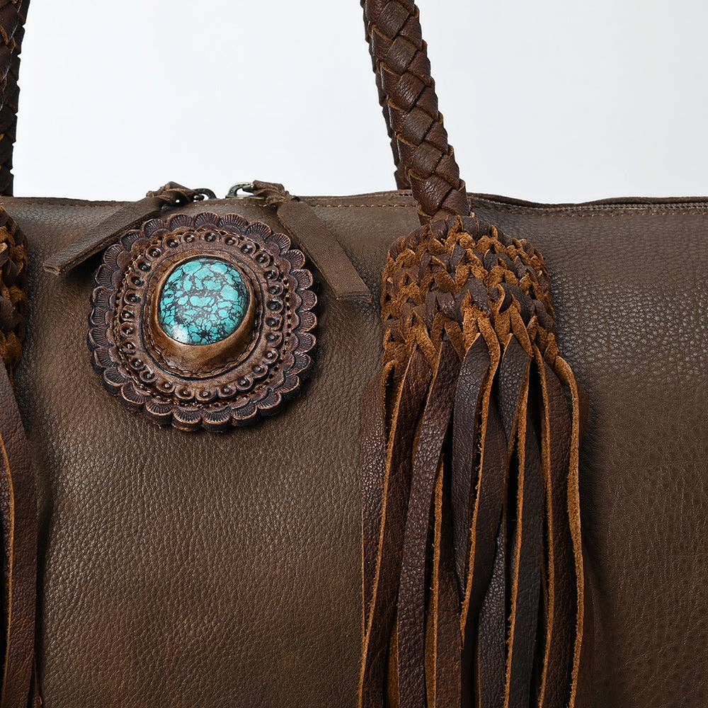 Western Barrel Duffel Bag in Brown Leather with Turquoise Concho & Fringe - Handmade Travel Tote