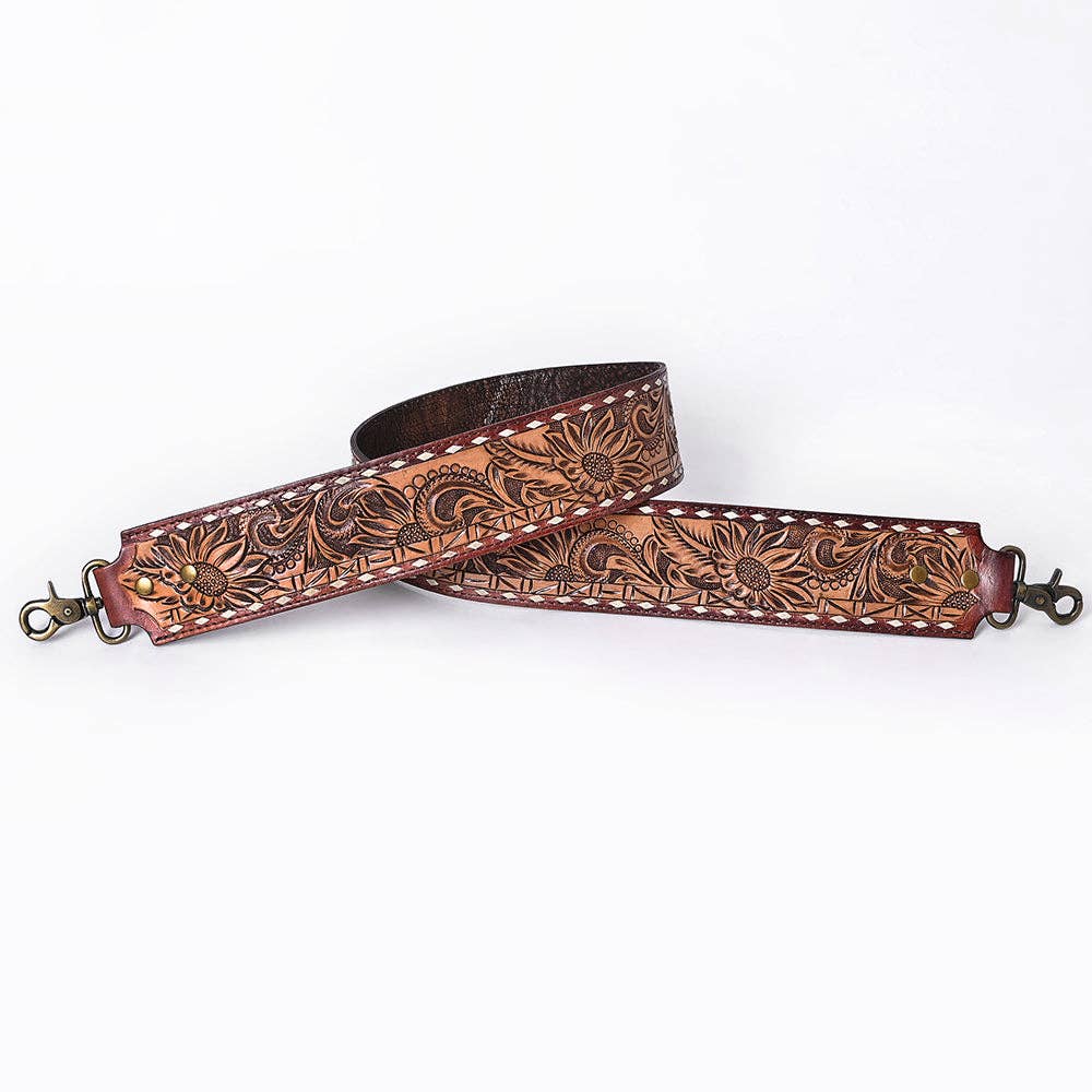 Wide Hand-Tooled Leather Bag Strap with Whipstitch Edges - Western Floral Carved Replacement
